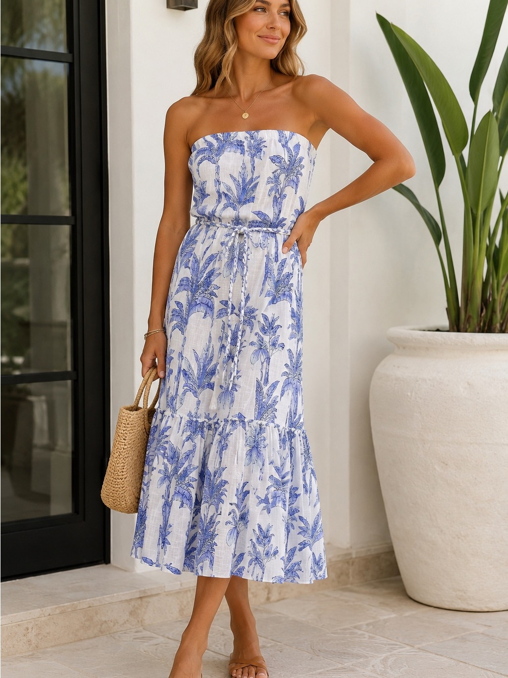 Blue Island Tropical Palm Print Strapless Midi Dress